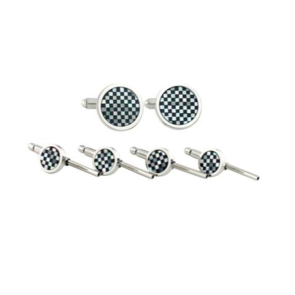 David Donahue Men's Sterling Silver Onyx & Mother of Pearl Checkerboard Stud Set (SS866602)