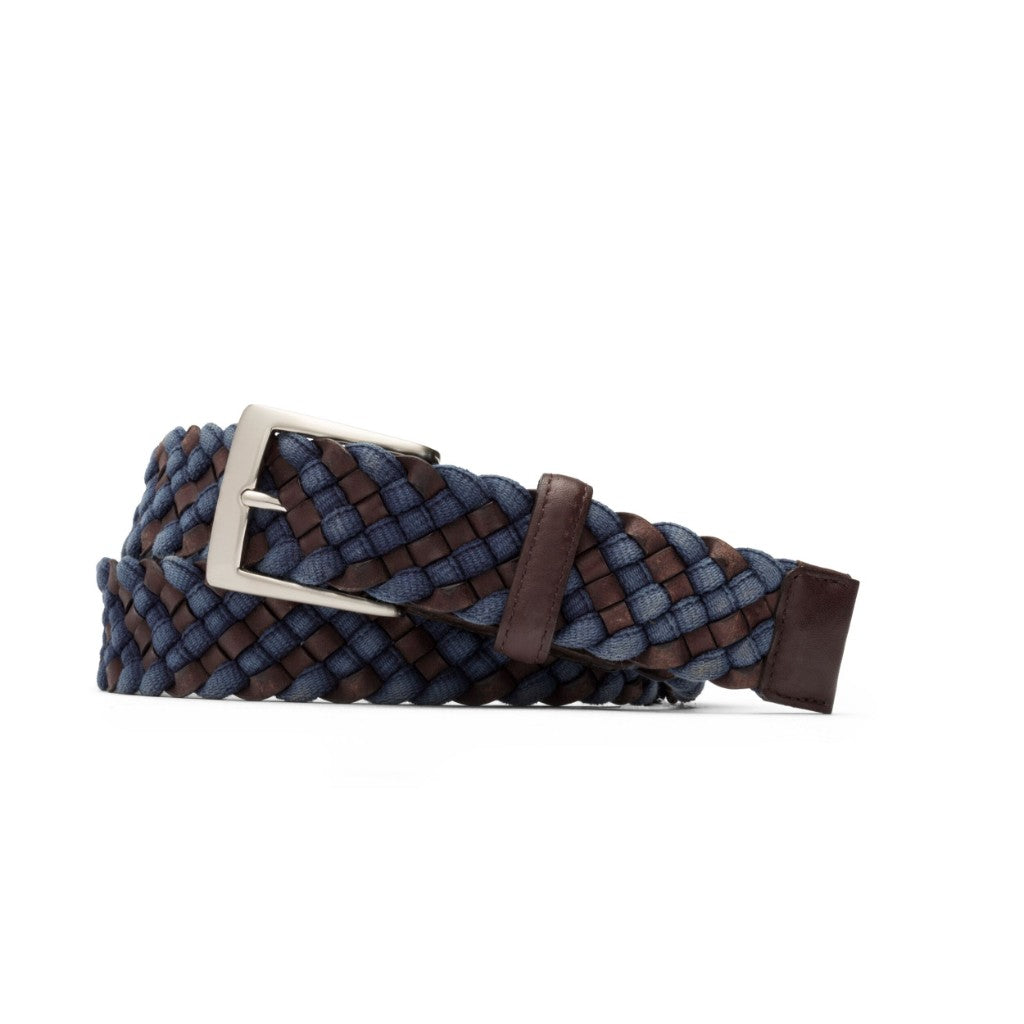 W. Kleinberg Men's Blue and Brown Leather and Cloth Braid with Brushed Nickel Buckle Belt
