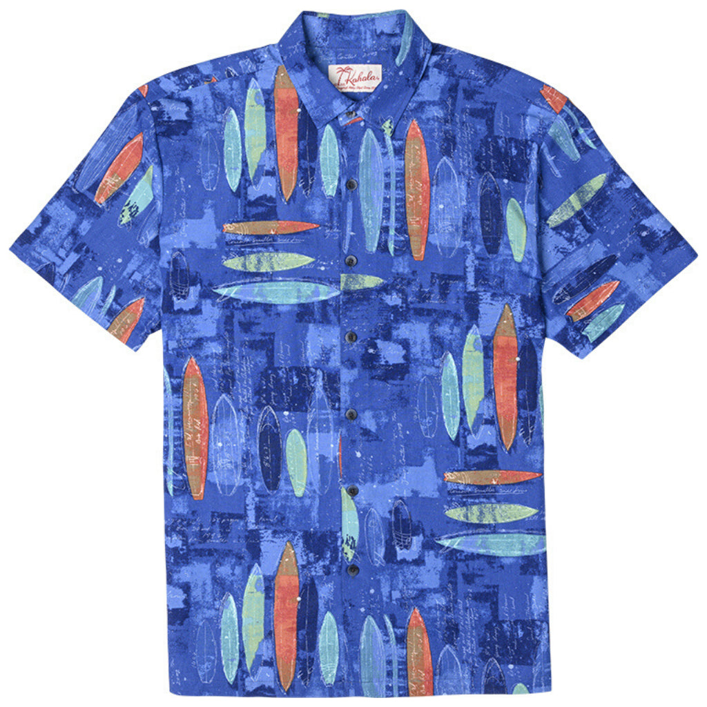 Kahala Shaping Room Surf Boards Hawaiian Print Aloha Shirt, Short Sleeve Button Down Casual Mens Top