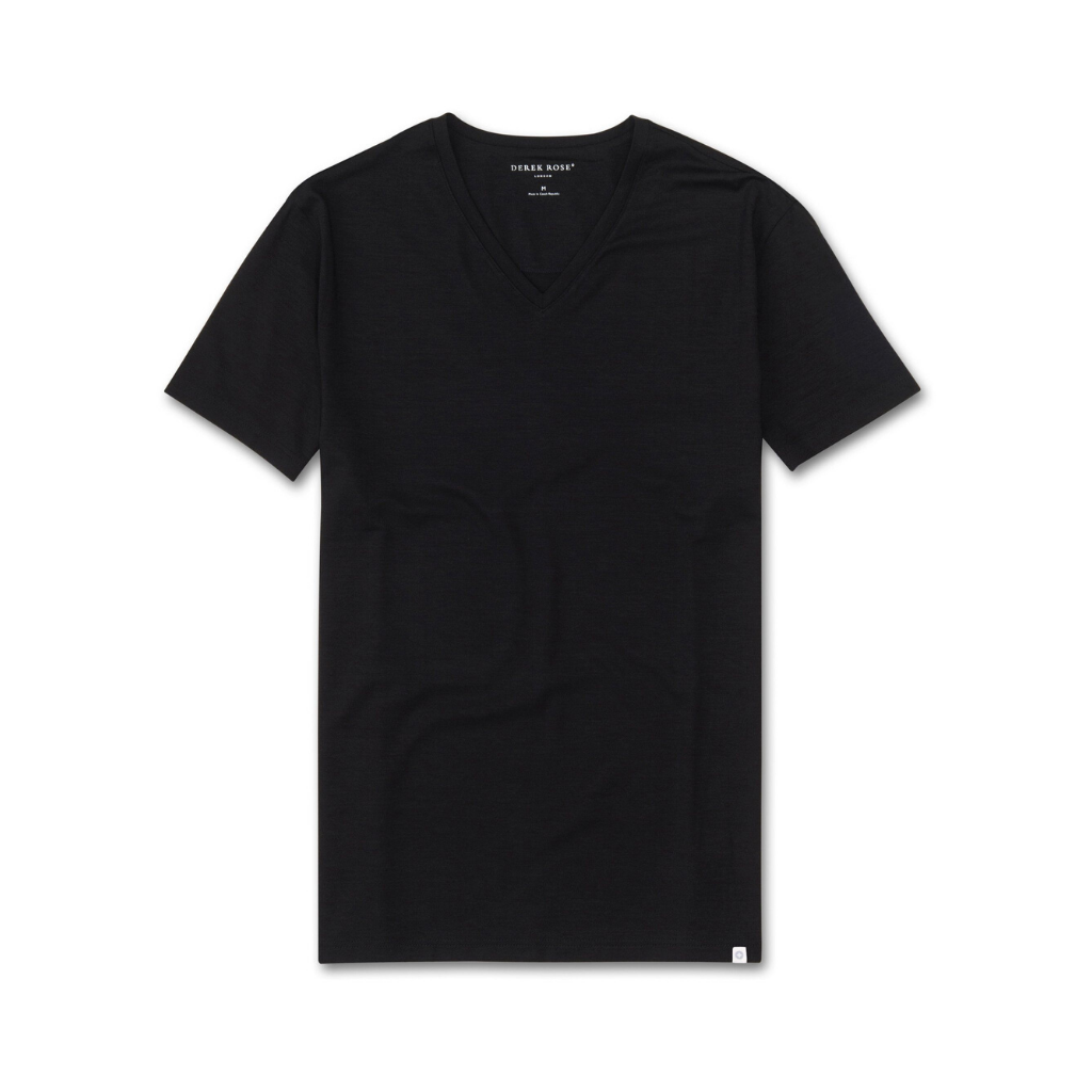 Derek Rose Men's Basel Black Micromodal Short Sleeve V-Neck T-Shirt