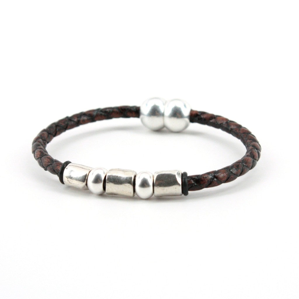 Torino Leather Co. Men's Genuine Braided Leather Sterling Plated Beads Bracelet
