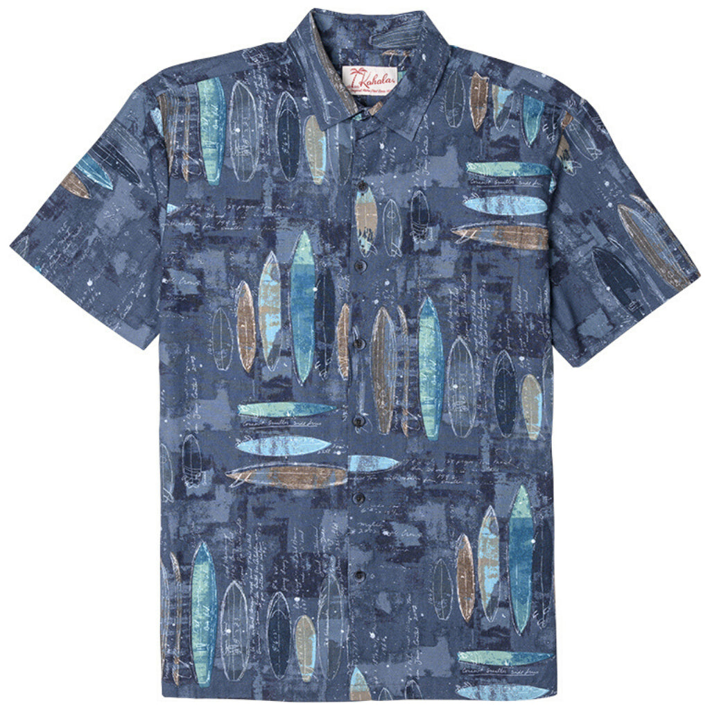 Kahala Shaping Room Surf Boards Hawaiian Print Aloha Shirt, Short Sleeve Button Down Casual Mens Top