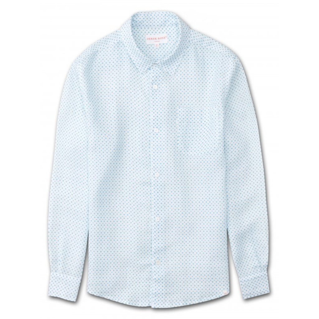 Derek Rose Mens Classic Fit Long Sleeve Milan White/Blue Linen Shirt